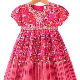 Babyhug Woven Short Sleeves Floral Printed & Embroidered Pleated Ethnic Dress - Dark Pink-image-78