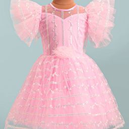 Bluebell Net Woven Frill Sleeves Floral Embroidered Party Frock with Applique - Pink-image-74