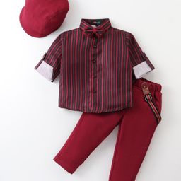 Robo Fry Cotton Knit Full Sleeves Striped Shirt & Trouser Set with Hat Bow & Suspender - Maroon-image-71