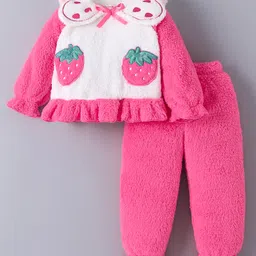 Kookie Kids Full Sleeves Winter Wear Night Suit With Strawberry Applique - Dark Pink-picture-39
