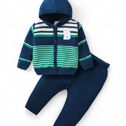 Babyhug Knitted Full Sleeves Front Open Hooded Sweater Set with Striped Design & Alphabet Patch - Navy Blue & Green-image-62