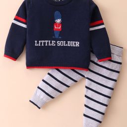 ToffyHouse Knitted Cotton Full Sleeves Winter Wear Set With Stripes & Soldier Design - Navy & Light Grey-28