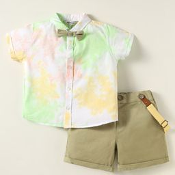 ToffyHouse Poplin Woven Half Sleeves Tie & Dye Shirt & Shorts Set with Bow & Suspender - White & Olive Green-image-23
