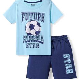 Honeyhap Premium 100% Premium Cotton Knit Half Sleeves Football Printed Shorts Night Suit - Blue Elixir & Navy Peony-image-74