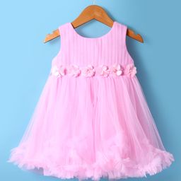 Babyhug Woven Sleeveless Fit & Flare Party Mesh Dress with Fills on Hem & Floral Applique - Pink-image-7