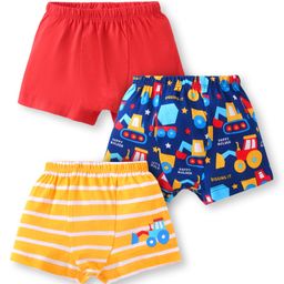 Babyhug Single Jersey Knit Trunks With Striped & Vehicle Print Pack Of 3 - Yellow Blue & Red-image-34