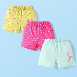Babyhug Cotton Knit Mid Thigh Hearts Floral & Birds Printed Shorts with Bow Applique Pack of 3 - Dark Pink Yellow & Light Blue-image-91