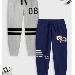 Trampoline Pack Of 2 Typography & Numerical Printed Track Pants - Grey & Blue-picture-4