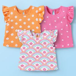 Babyhug Cotton Knit Frill Sleeves T-Shirts With Floral & Heart Print Pack Of 3 - Orange & Dark Pink-image-19