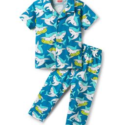 Babyhug Cotton Knit Half Sleeves Co-ords Night Suit With Shark Print - Teal Blue-image-50