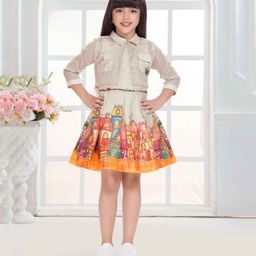 TINY BABY Linen Woven Graphic Printed Dress With Three Fourth Sleeves Jacket & Belt - Cream-image-99