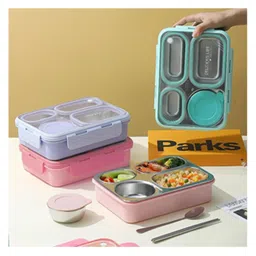 Elecart Steel Bento Lunch Box 4 Compartments + Bowl (800ml+150ml) with Cutlery (Pack 1 Random Colour)-picture-35