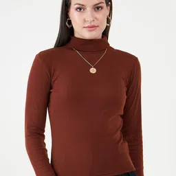 Bitterlime Women High Neck Long Sleeves Cotton Top-image-69
