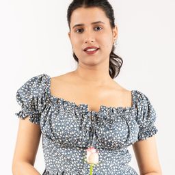MONOMEE Floral Print Puff Sleeve Ruffles Crepe Blouson Crop Top-picture-40