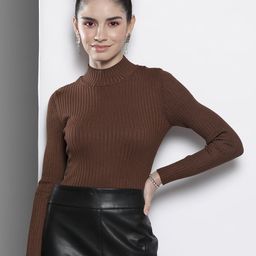 SASSAFRAS Women Brown High Neck Acrylic Pullover-image-11