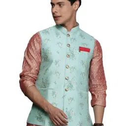 Manyavar Turquoise Regular Fit Floral Print Nehru Jacket-image-29