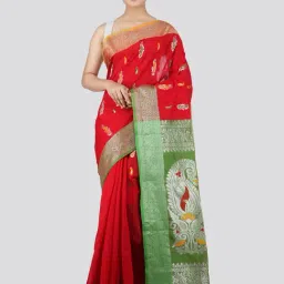 Pinkloom Red & Green Cotton Silk Woven Saree With Unstitched Blouse-picture-21