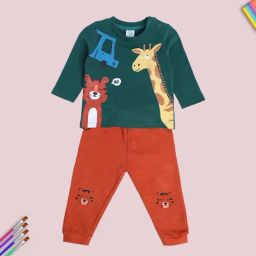 MINIKLUB Boys Green & Brown Printed Full Sleeves T-Shirt with Pants-image-56
