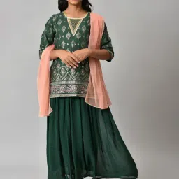 Aurelia Kids Green & Peach Floral Print Kurta, Skirt with Dupatta-image-28