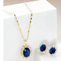 Peora Gold Plated Blue Crystal Stone Pendant Chain and Stud Earrings Set-17