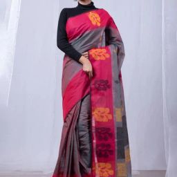 Unnati Silks Grey & Pink Cotton Striped Saree With Unstitched Blouse-image-8
