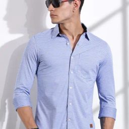 Thomas Scott Blue Cotton Slim Fit Striped Shirt-image-12
