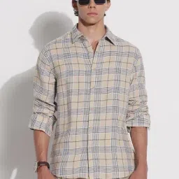 SHOWOFF Beige Relaxed Fit Checks Shirt-image-59