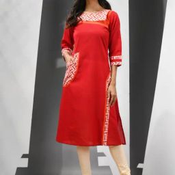 CHARUKRITI Red Cotton Printed A Line Kurta-picture-9