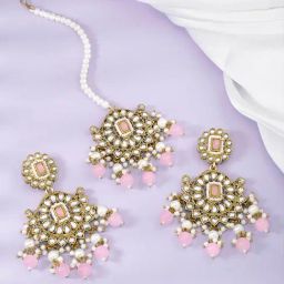 Peora Gold Plated Light Pink Kundan Beads Studded Earrings & Maangtikka Set-34
