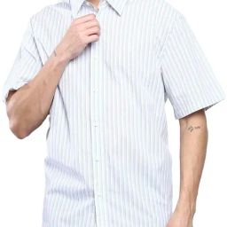 Calvin Klein Brilliant White & Blue Cotton Slim Fit Striped Shirt-image-26