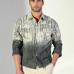 Showoff Grey Cotton Regular Fit Striped Shacket-22