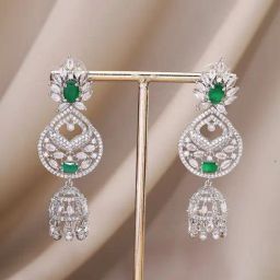 Priyaasi Silver-Plated Splendor with American Diamonds and Green Stones Jhumki Earrings-image-63