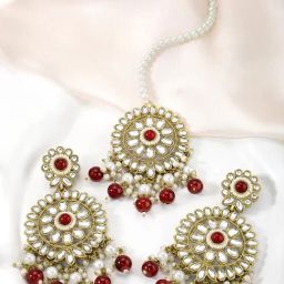 Peora Gold Plated Maroon Kundan Beads Studded Earrings & Maangtikka Set-18
