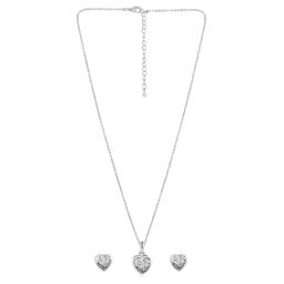 Peora Silver Plated Heart Shape Cubic Zirconia Pendant Chain Stud Earrings Set image 4