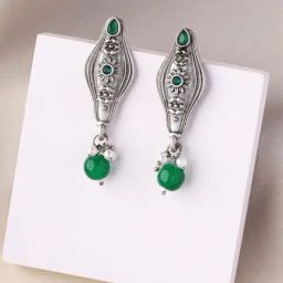 Priyaasi Verdant Elegance Oxidized Green Stones Drop Earrings-12