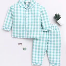 Clt.s Unisex Turquoise & White Checks Full Sleeves Shirt With Pyjamas-image-78