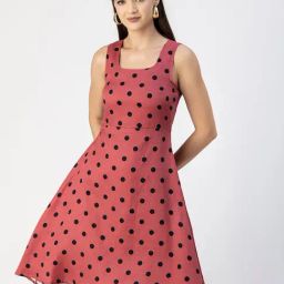 Moomaya Peach Polka Dot A Line Dress-image-57