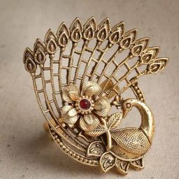 Panash Gold Plated & Stone Studded Peacock Design Adjustable Finger Ring-9