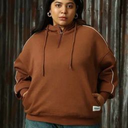 High Star Plus Size Brown Cotton Regular Fit Oversized Hoodie-image-66