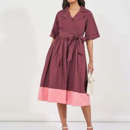 Styli Brown Cotton Plain Wrap A-Line Dress-image-60