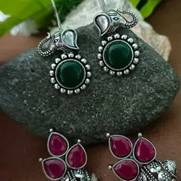 Sanjog Set Of 2 German Silver Silver-Plated Stones Circular Oxidised Drop Earrings-picture-41