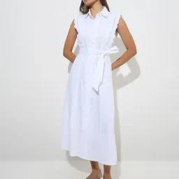 Wardrobe by Westside White Scallop-Detail Cotton A-Line Dress with Belt-image-40