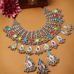 Moedbuille Silver-Plated Ghungroo-Studded Meenakari Oxidised Jewellery Set-image-84