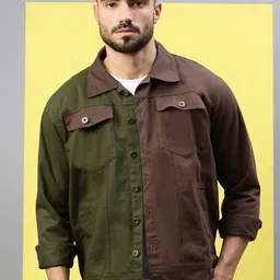 VOXATI Men Washed Checked Crop Denim Jacket with Patchwork-3