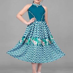 BAESD Girls Teal Crepe Chevron Printed Fit And Flare Digital Midi Length Dress-45