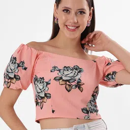 clobug Floral Print Off-Shoulder Crepe Crop Top-picture-19