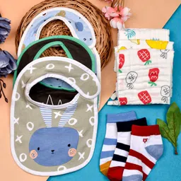 Moms Home Infants Set Of 9 Printed Organic Cotton Bibs & Napkins With Socks-29