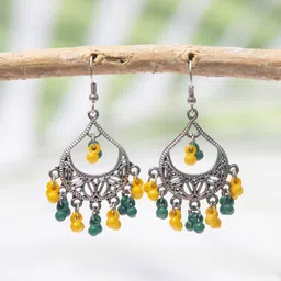 Creative Frogs Women Yellow & Green Oxidized Silver-Plated Chandbali Earrings-picture-46