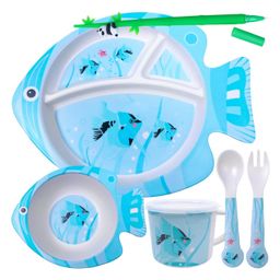 Negocio Fish Shaped Dishwasher Safe Bamboo Dinner Set - Blue-11