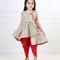 Kinder Kids Sleeveless All Over Camel Printed Angrakha Style Asymmetrical Kurta With Dhoti - Red-image-2